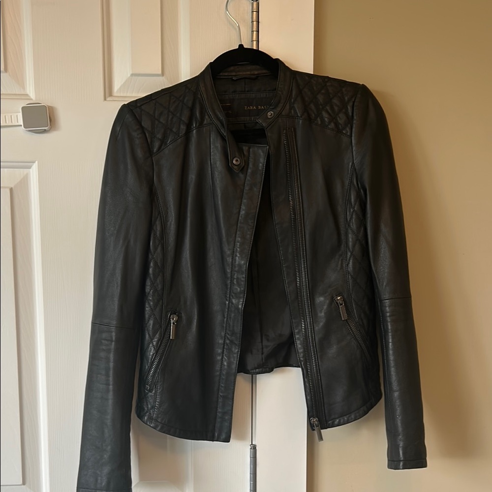 Zara Black Leather Jacket Sleek Moto Style